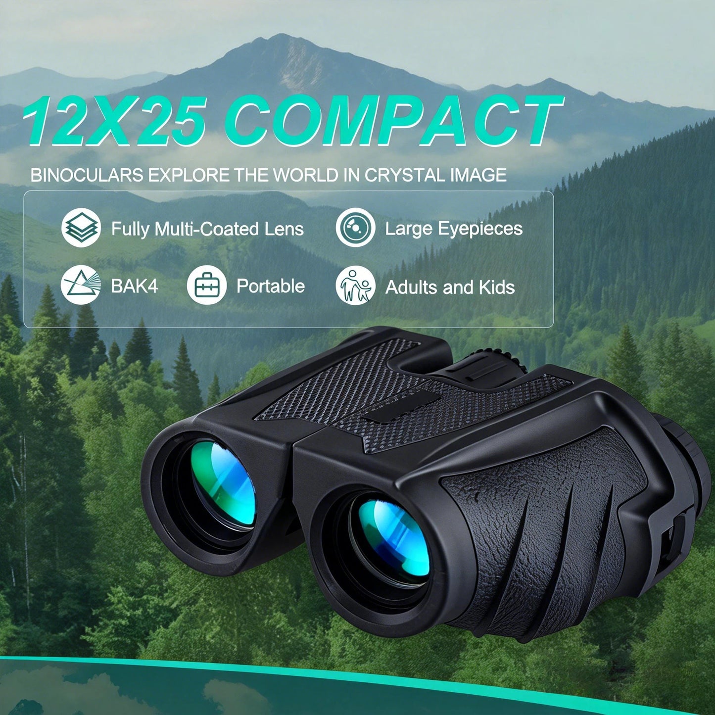 Black binoculars with mountain and forest background