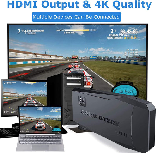 4K Game Stick LITE with multiple devices displaying a racing game on screen.