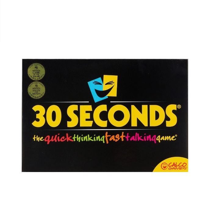 Board game box for '30 Seconds' with colorful text and logo on a black background