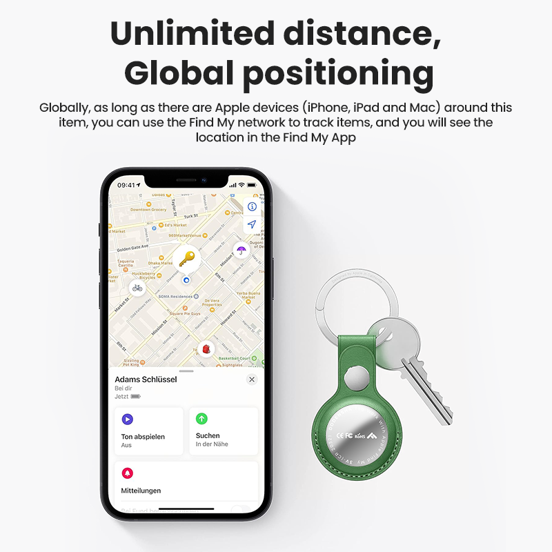 Smart keychain with app on smartphone displaying location tracking features