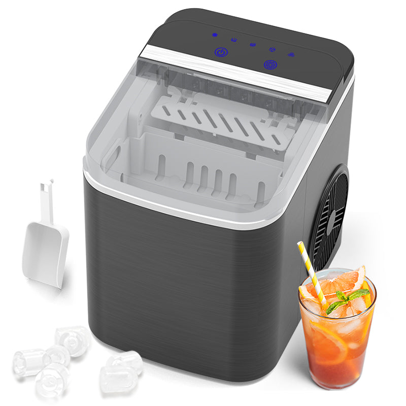 Portable ice maker with a glass of iced tea and ice cubes on a white background
