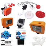 Collection of GoPro accessories including a camera, mount, and additional parts on a white background.