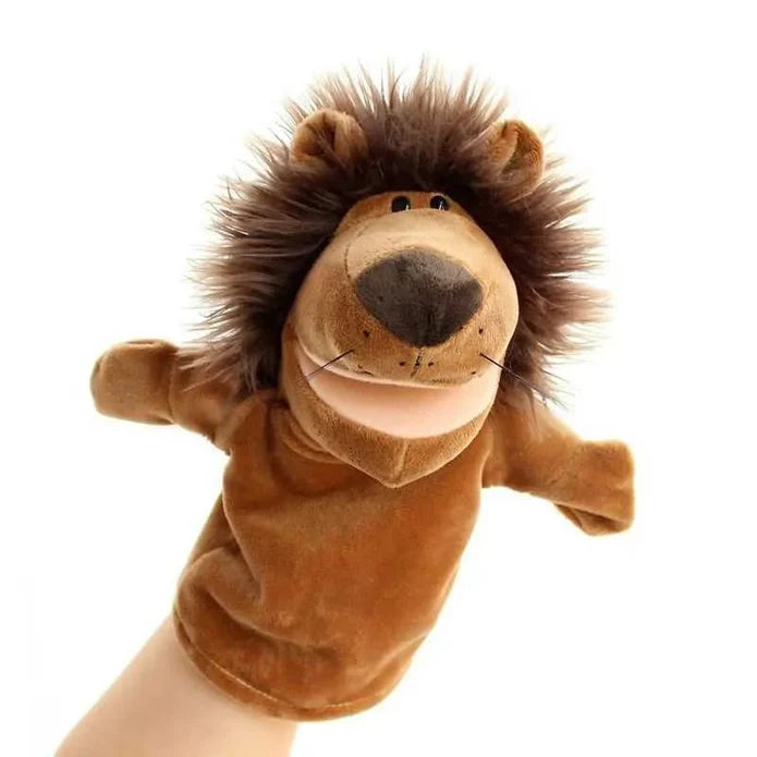 Plush lion puppet on a white background