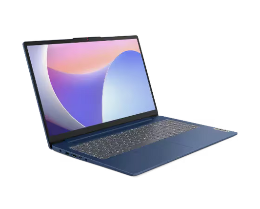 Blue laptop with a colorful display on a white background
