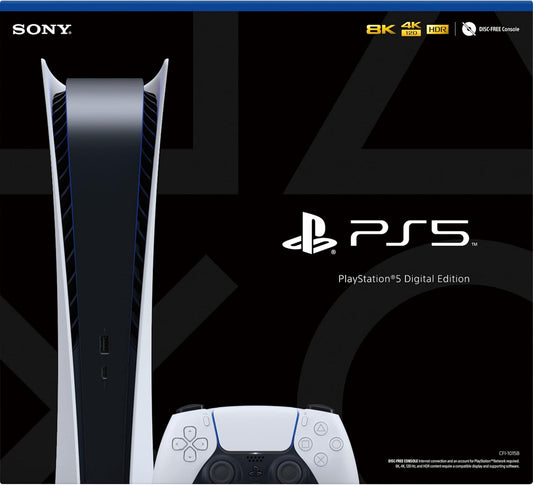PlayStation 5 Digital Edition console and controller on a black background with Sony logo.