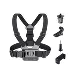 Black chest harness with accessories on a white background