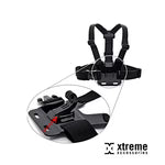 Black chest harness with adjustable straps on a white background, featuring the Xtreme Xcessories logo.