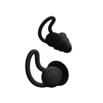 Black wireless earbuds on a white background
