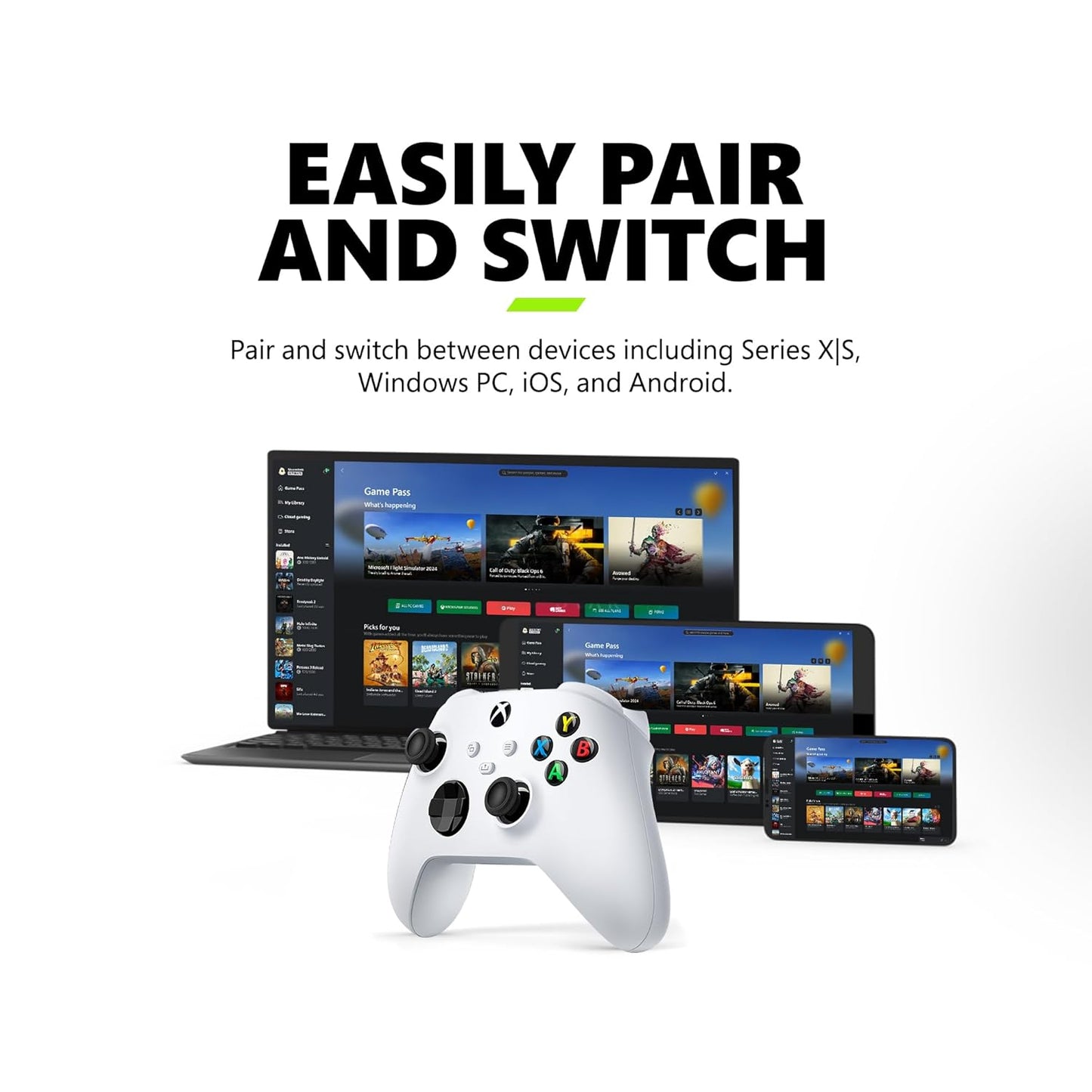 White gaming controller with screen displaying game interface, laptop, and smartphone on a white background with text 'EASILY PAIR AND SWITCH'.