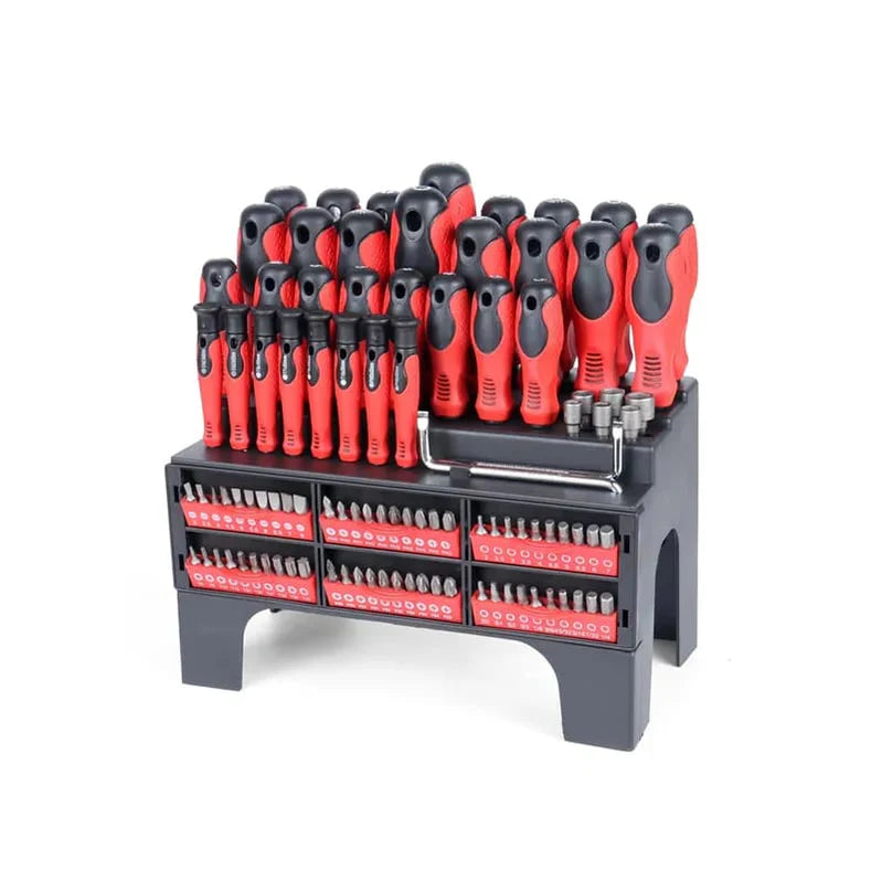 Set of red and black screwdrivers with a stand on a white background