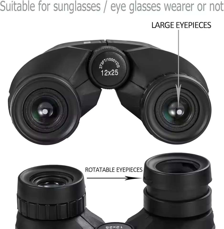 Black binoculars with large eyepieces and rotatable eyepieces on a white background
