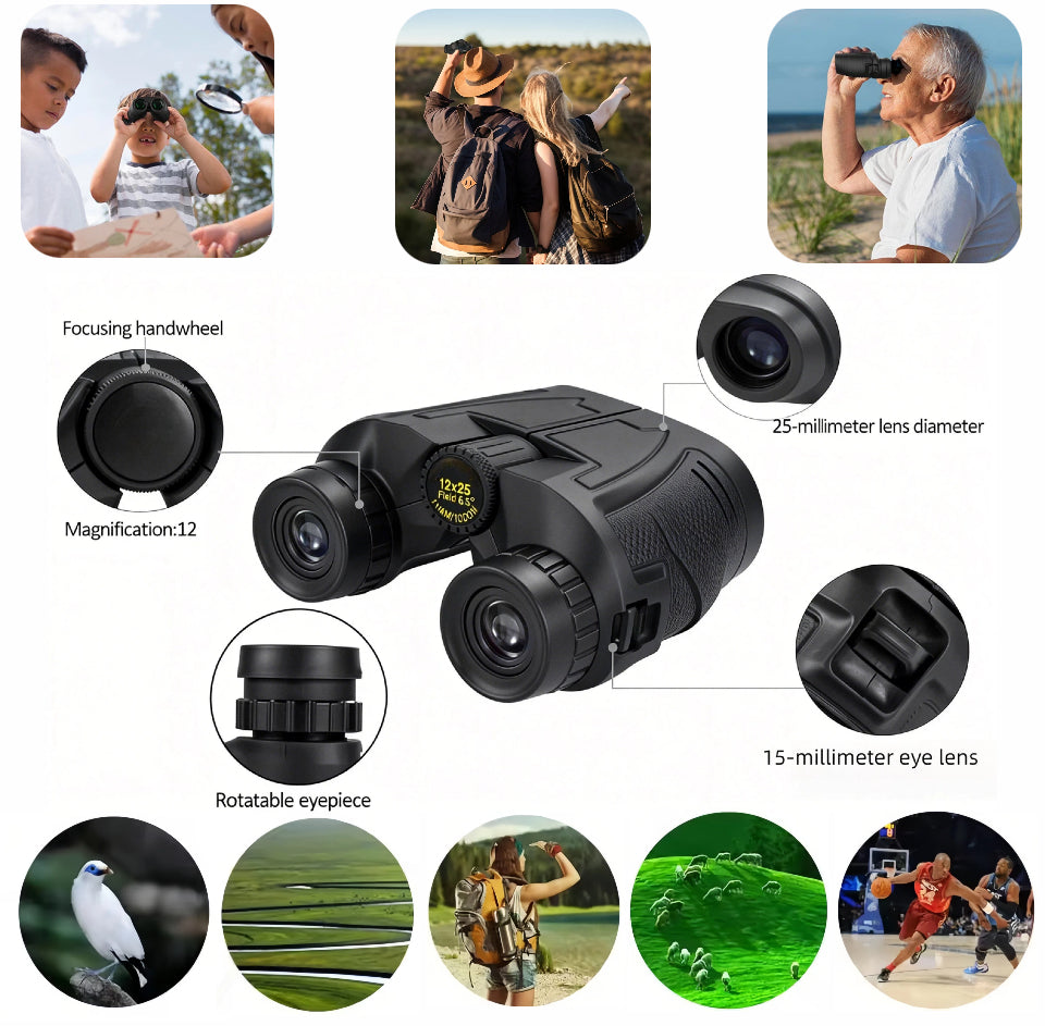 Black binoculars with features highlighted on a white background