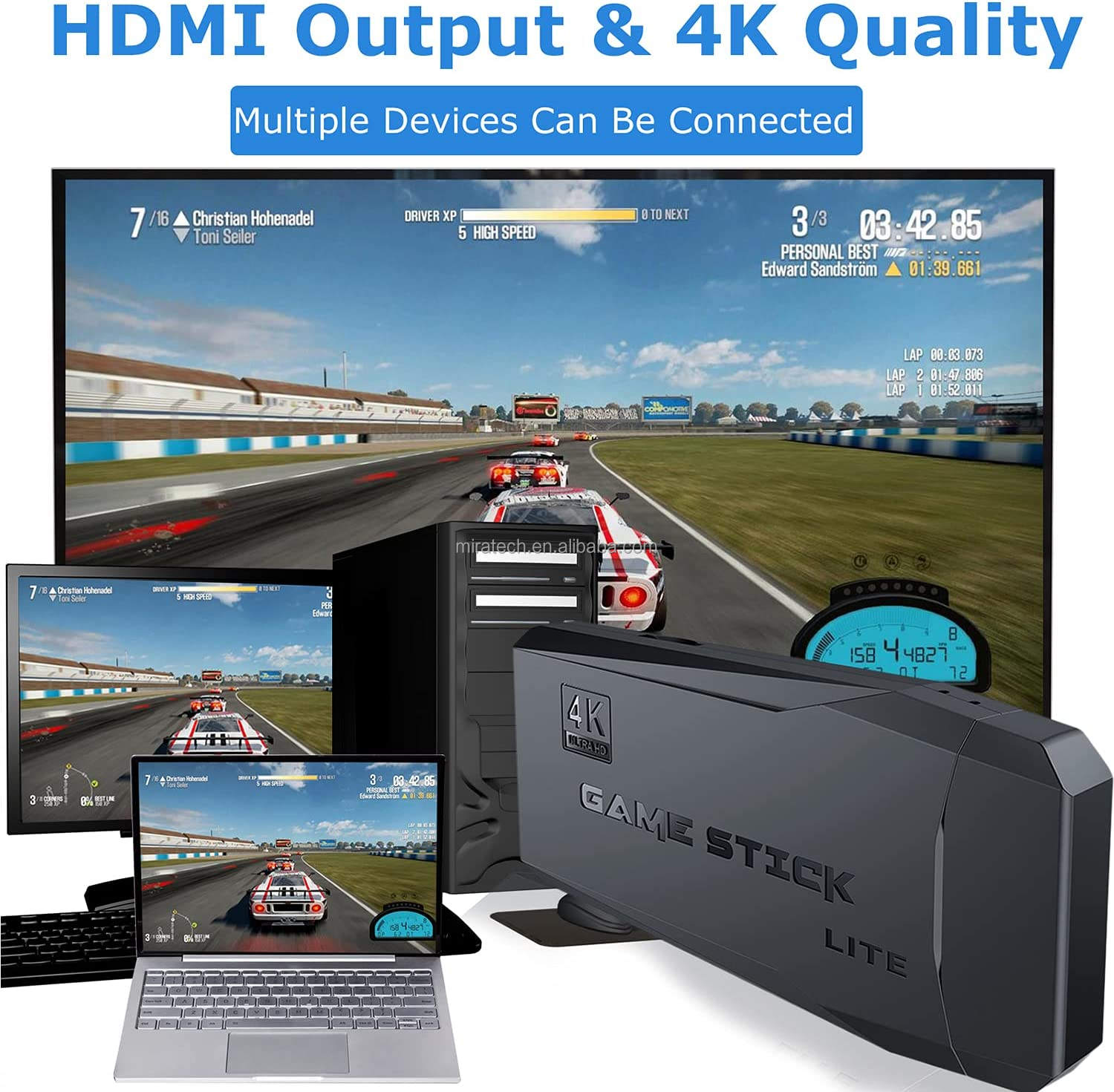 4K Game Stick LITE with multiple devices displaying a racing game on screen.