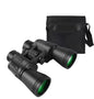 Black binoculars with green lenses and a black carrying case on a white background