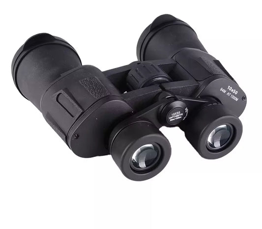 Black binoculars with 10x magnification on a white background