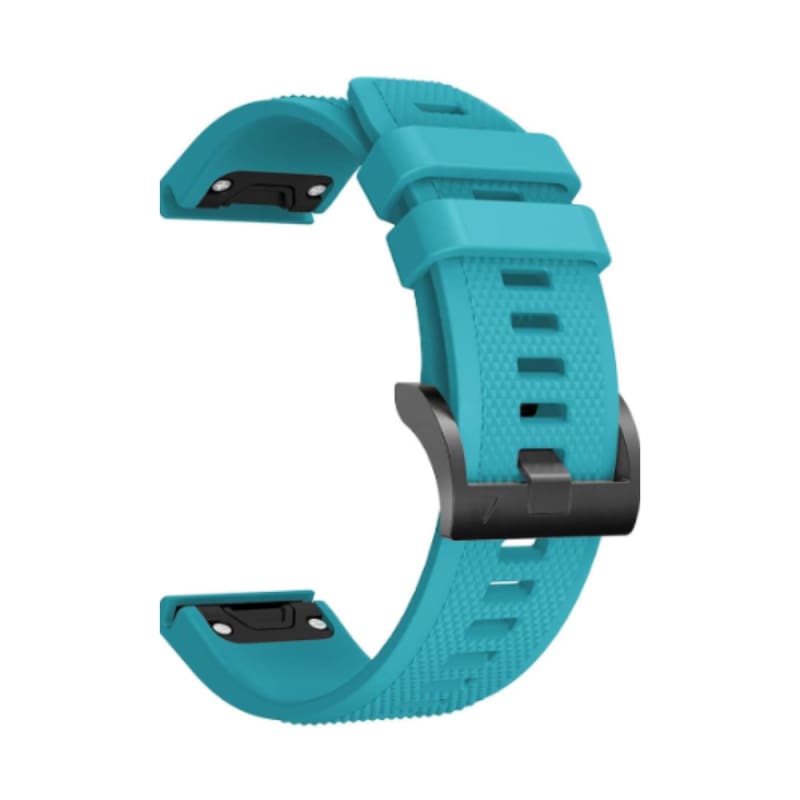 Turquoise watch strap with black clasp on a white background