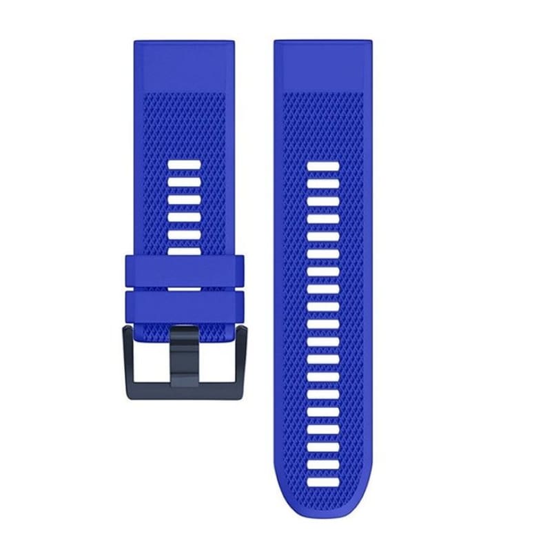 Blue watch strap with black buckle on a white background