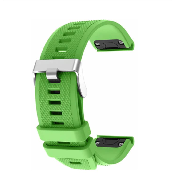 Green watch strap with silver buckle on a white background