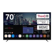 70-inch TV with ThinQ AI and MEMC display on a black background