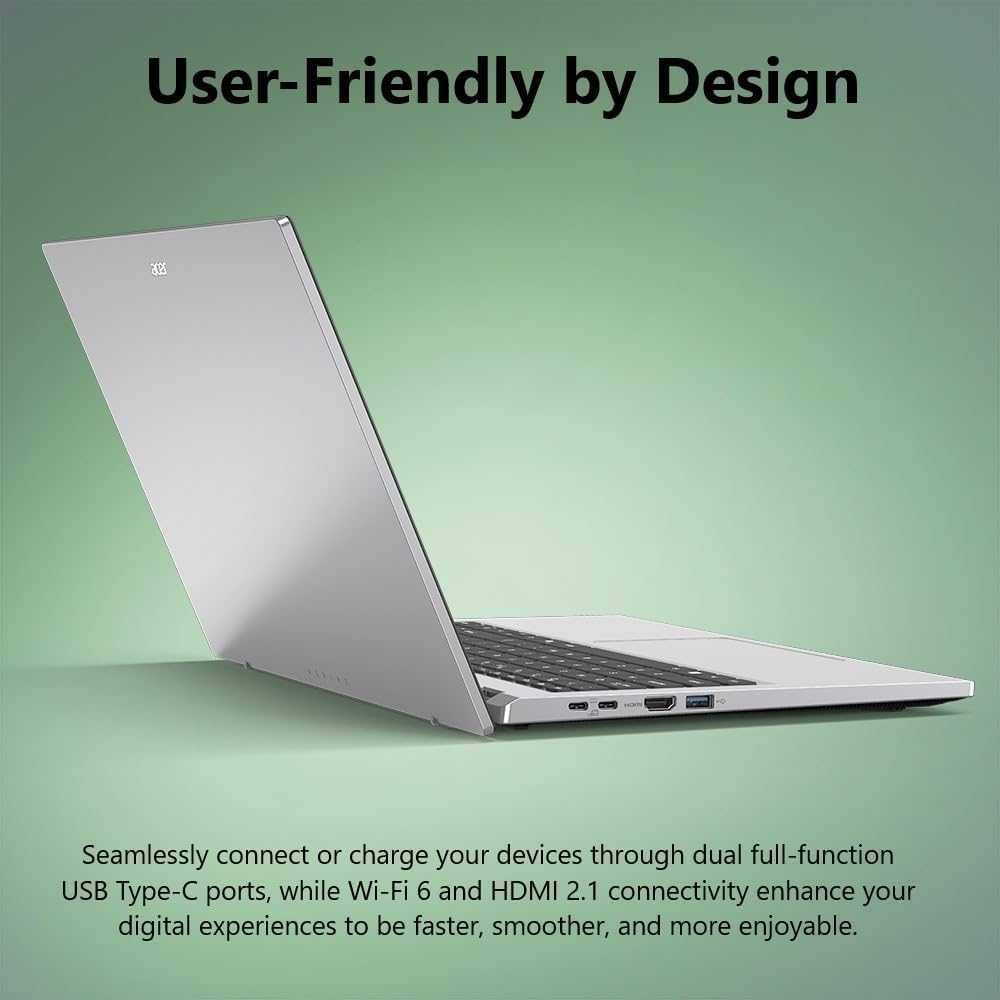 Open laptop on a green background with text about connectivity features.