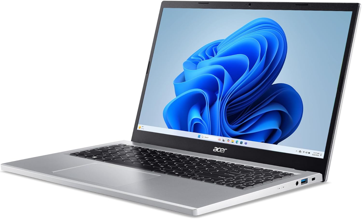 Open laptop displaying a blue abstract design on a white background