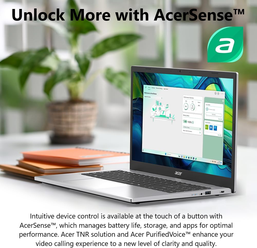 Laptop on a desk with AcerSense branding and text about device control.