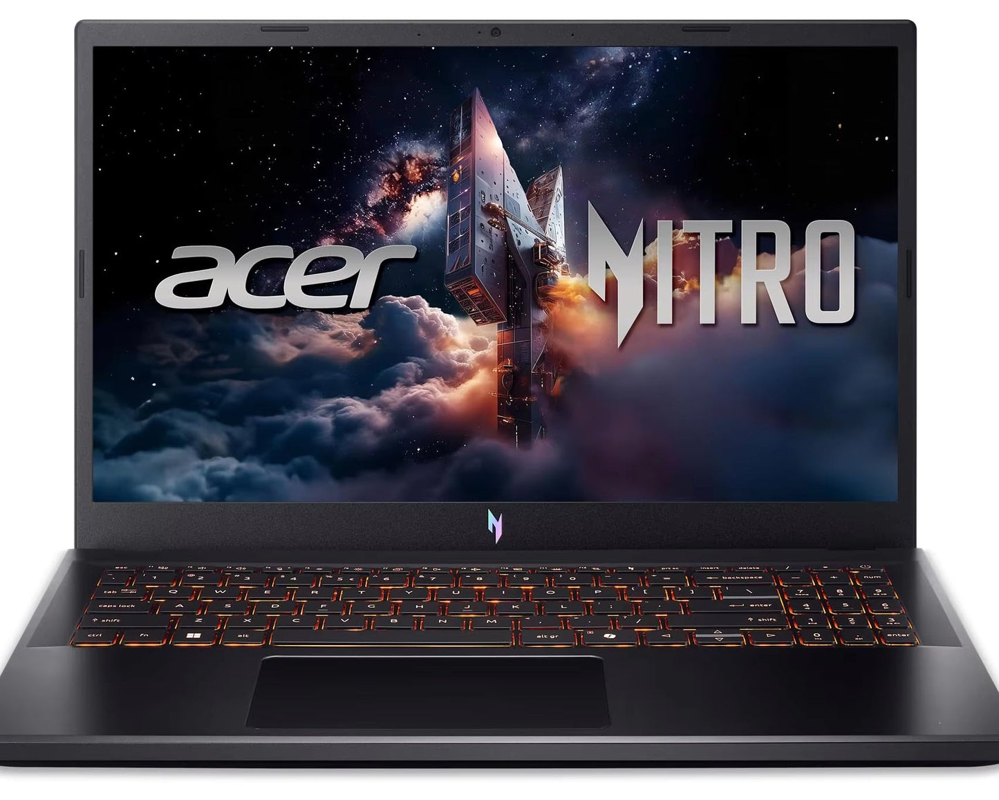 Acer Nitro laptop with a dramatic cloud and space-themed wallpaper on a white background