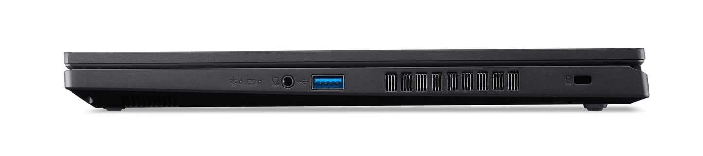 Side view of a black laptop with ports and buttons