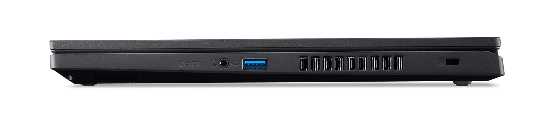 Side view of a black laptop with ports and buttons