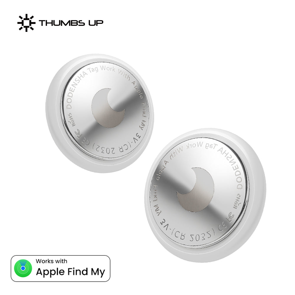 Two white lockets with metal clasps on a white background, featuring the Thumbs Up logo and Apple Find My compatibility badge.