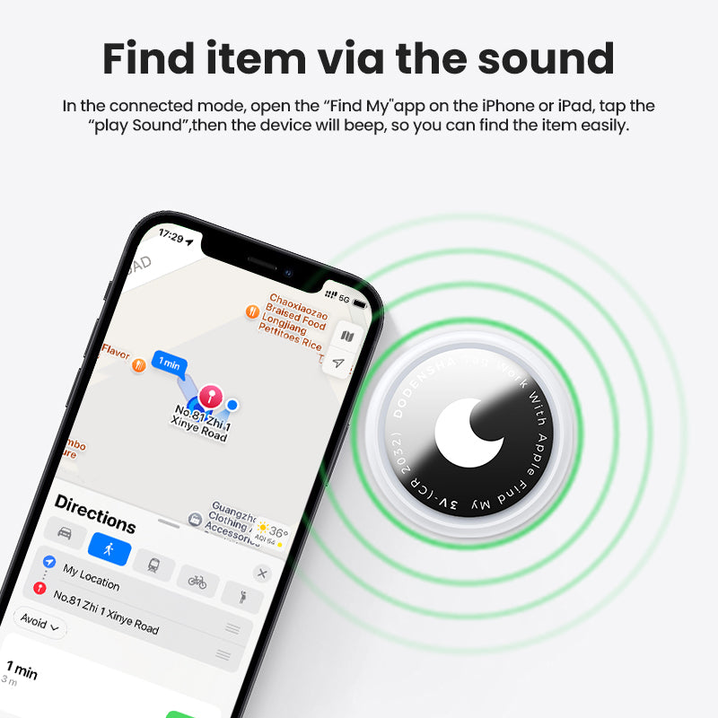 Smartphone with app interface and 'Find My' device icon on a white background