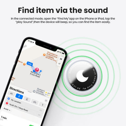 Smartphone with app interface and 'Find My' device icon on a white background