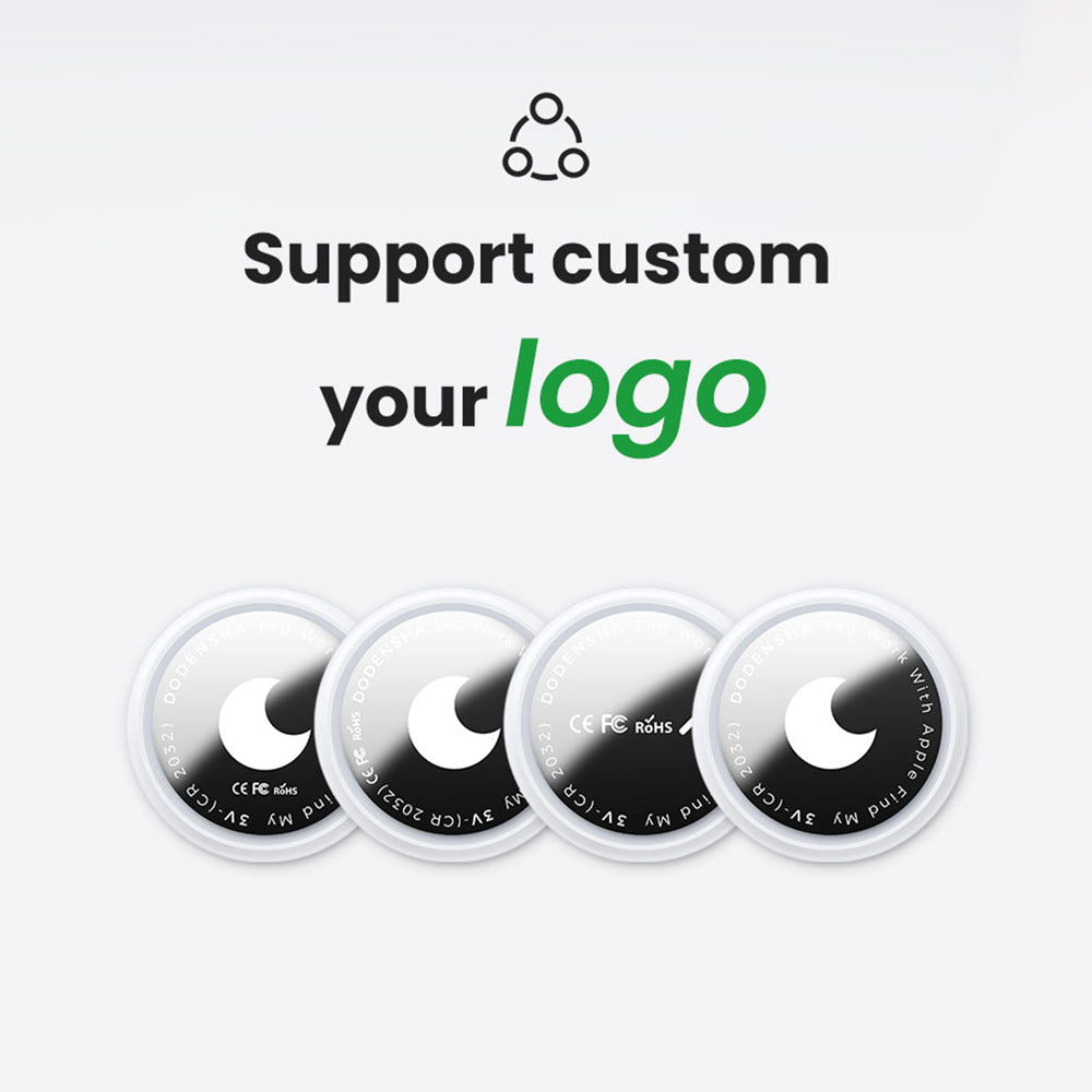 Four circular lenses with text and a logo on a light gray background