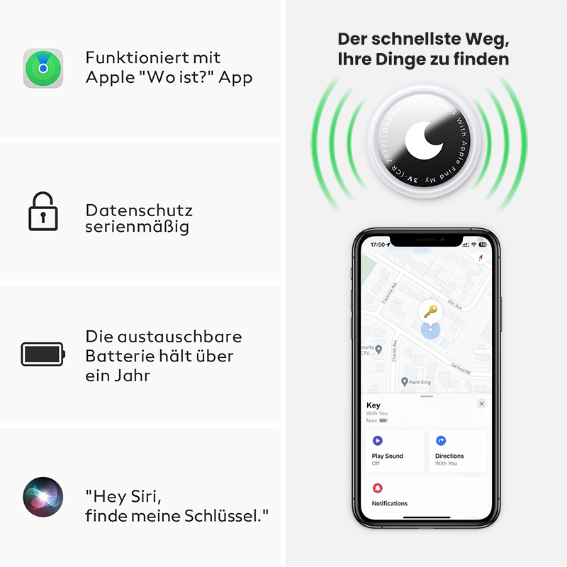 Smart key fob with Apple 'Where is?' app integration and smartphone app interface.