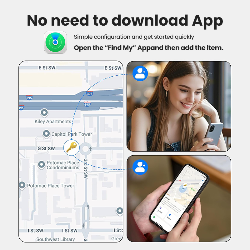 Advertisement for a location tracking app with map, user interface, and app icon.