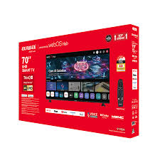 Television box with screen displaying content on a red background