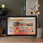 Smart display device on a wooden surface with a home screen interface in a room setting.
