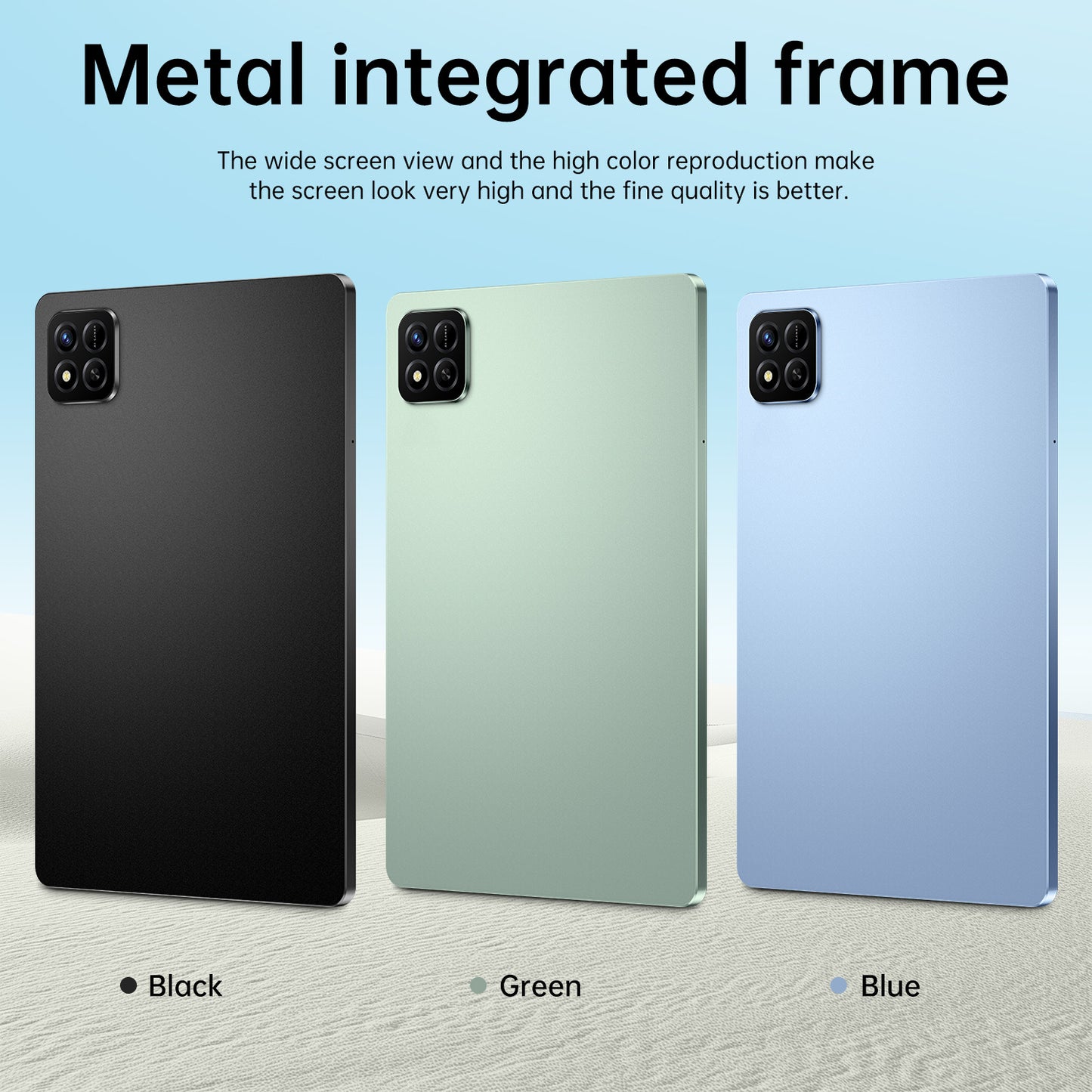 Three smartphone cases in black, green, and blue with text about metal integrated frames.
