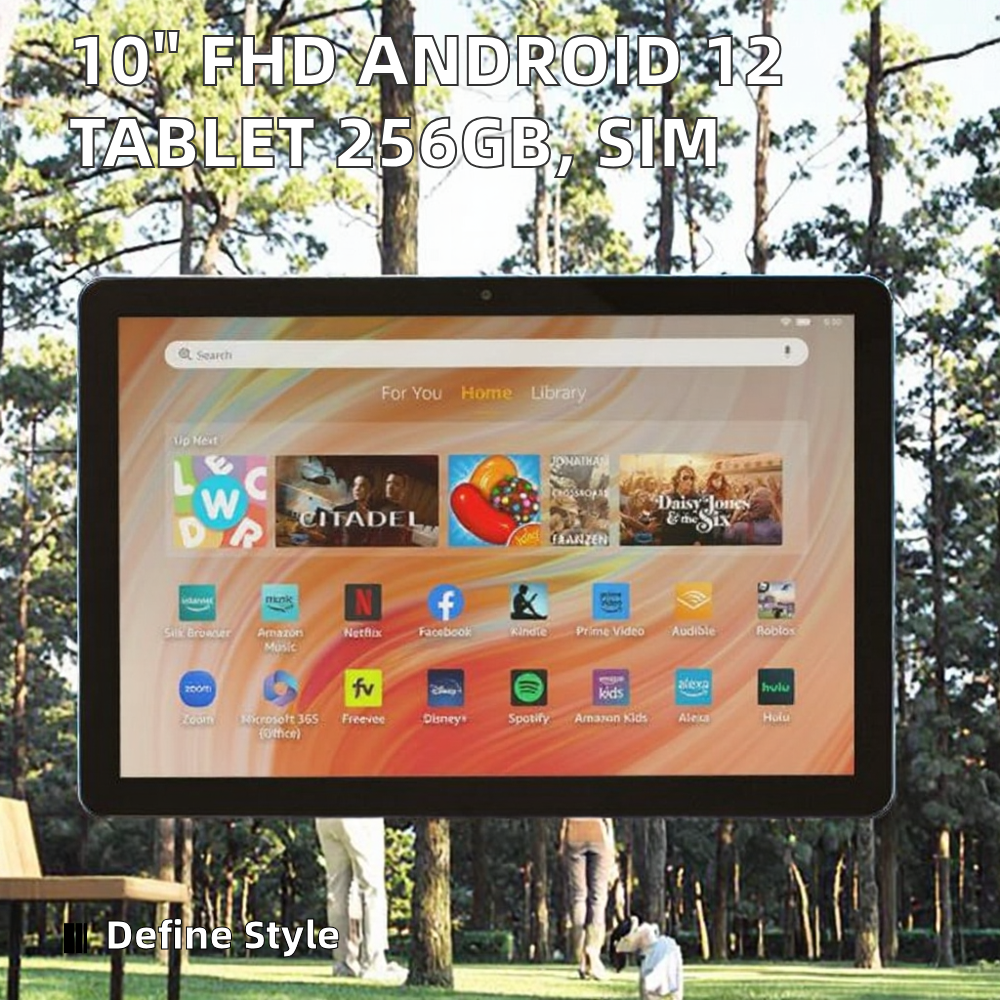 10-inch FHD Android 12 tablet with 256GB SIM card in a park setting
