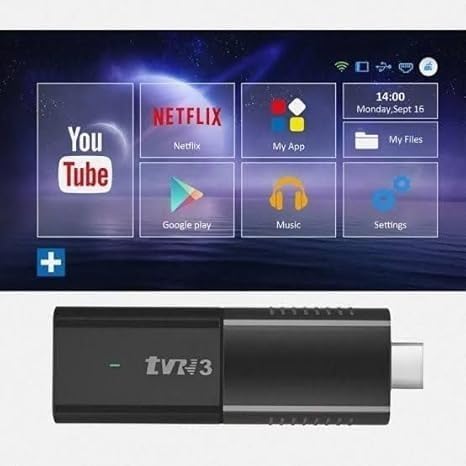 TV remote control interface with app icons and a TVR3 device below.