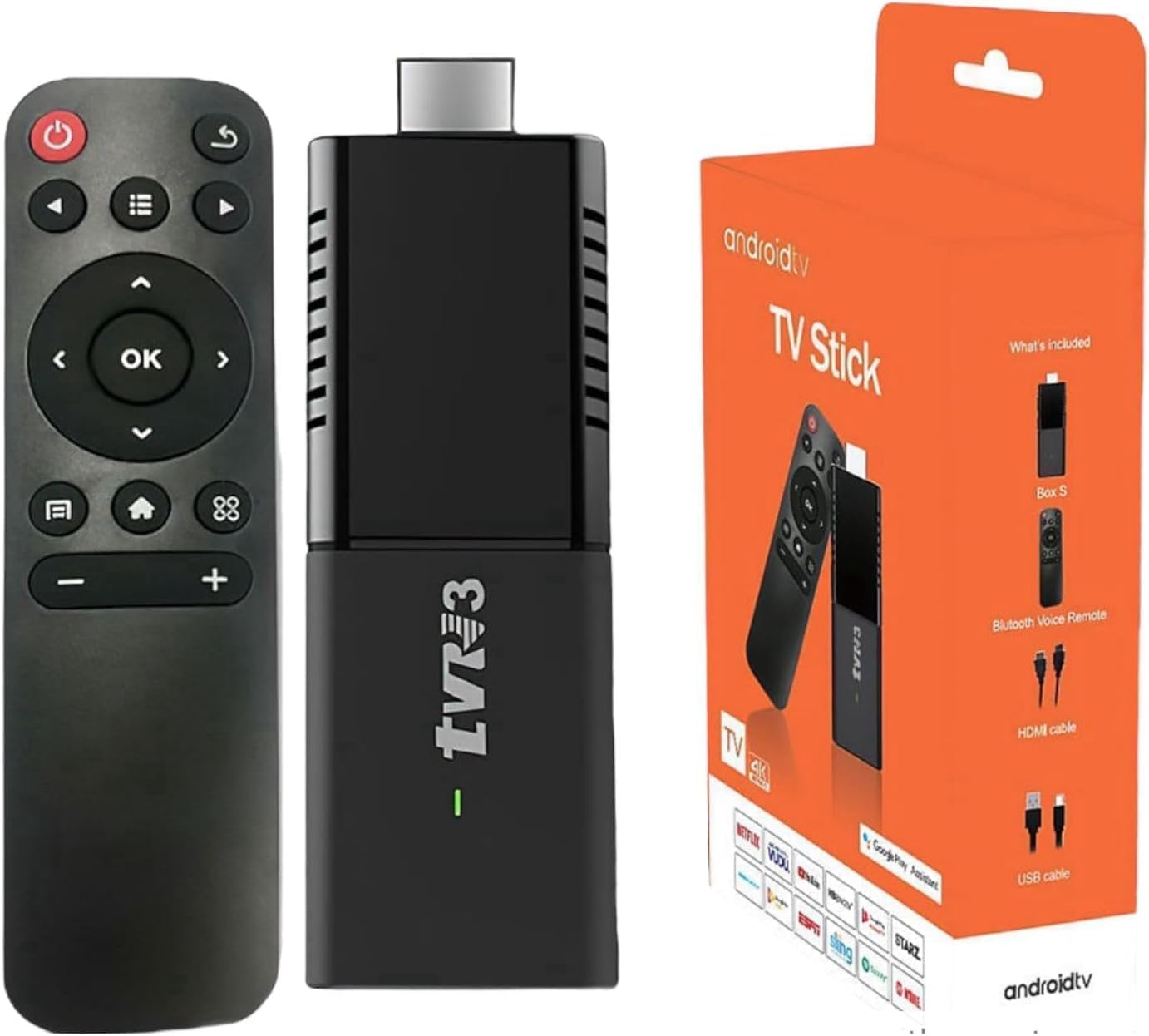 TV Stick with remote control and packaging on a white background