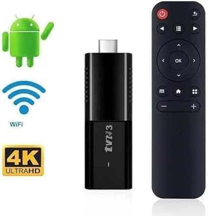 Black TV receiver stick with Android logo, Wi-Fi symbol, and 4K Ultra HD badge on a white background.