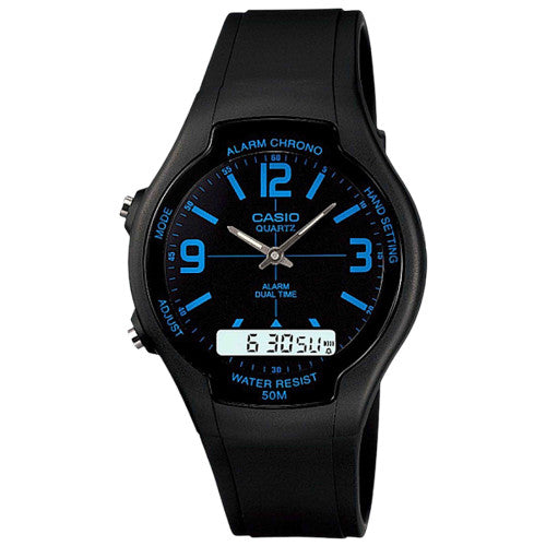 Black Casio watch with blue digital display on a white background