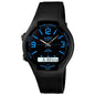 Black Casio watch with blue digital display on a white background