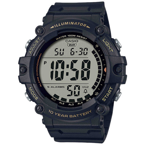 Black Casio digital watch with various features highlighted on a white background
