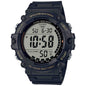 Black Casio digital watch with various features highlighted on a white background