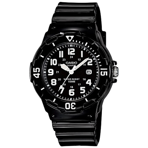 Black Casio watch with a white face on a white background