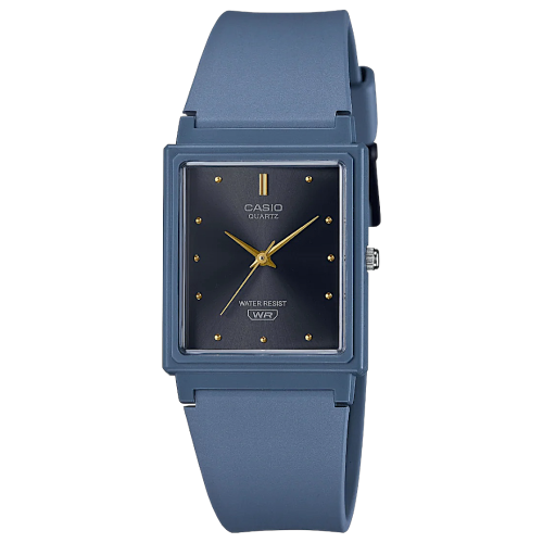 Blue Casio watch with a black face on a white background