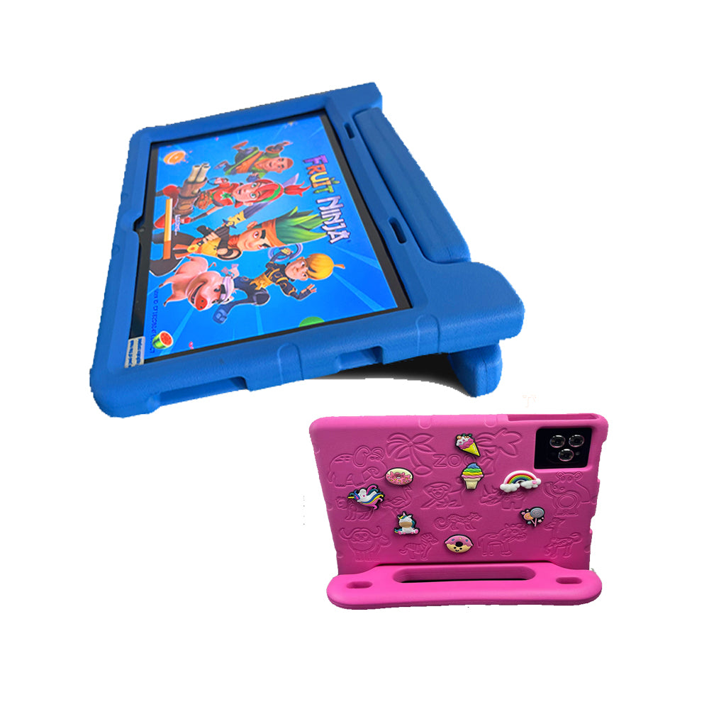 Blue and pink tablet cases with screen protectors on a white background