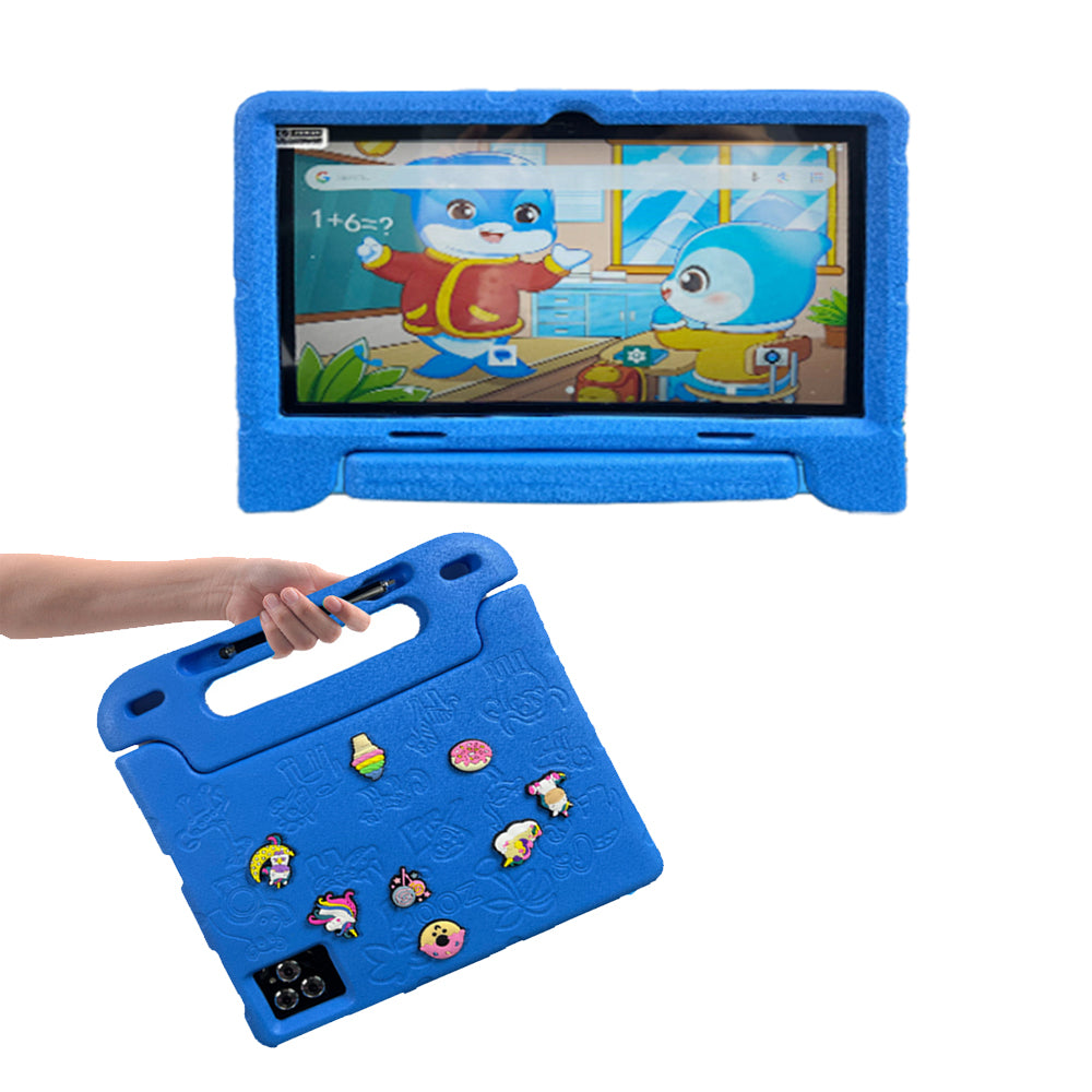 Blue tablet case with cartoon characters on a white background